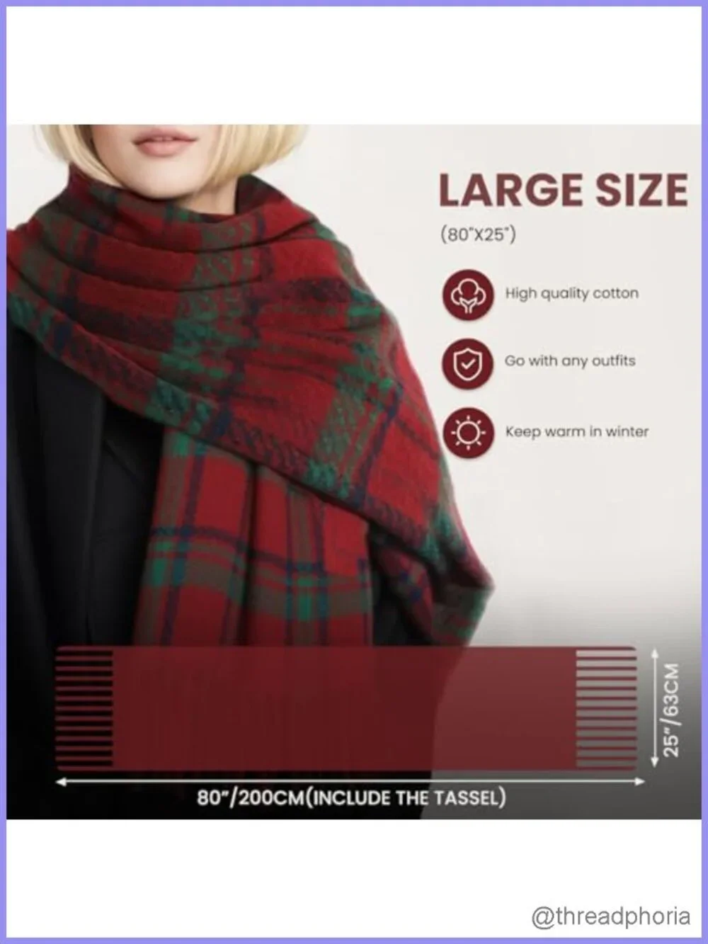 Cashmere Feel Plaid Oversized Fringe Scarf Blanket Shawl Pashmina Wrap